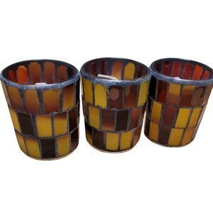 Vintage Mosaic Stained Glass Votive Candle Holders Amber Orange Set of 3